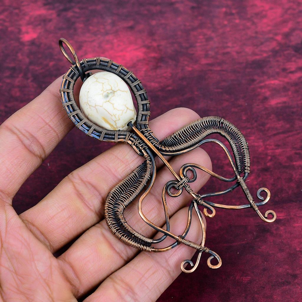 Howlite Pendant Copper Wire Wrapped Jewelry Titanium Bead Eyes Jewelry Skull Bone Face Pendant