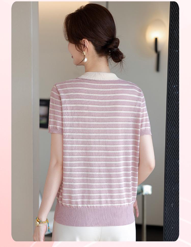 Mom's Summer Striped Short-Sleeve Ice Silk Knit Top