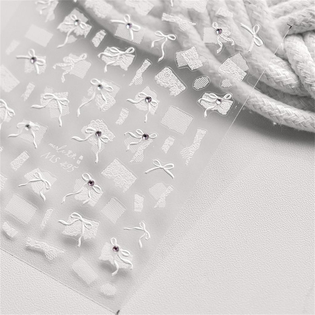 1pcs 5D Diamond White Lace Bow Nail Art Stickers Pearl Rhinestones Nail Decoration Adhesive Decals Slider DIY Accessory