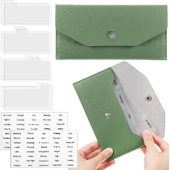 Frienda 1 Cash Envelope Wallet PU Leather Reble Budget Envelope 8 Cash Dividers 2 Sheets Category Sticker Labels for Wallets Bill Planner(Black