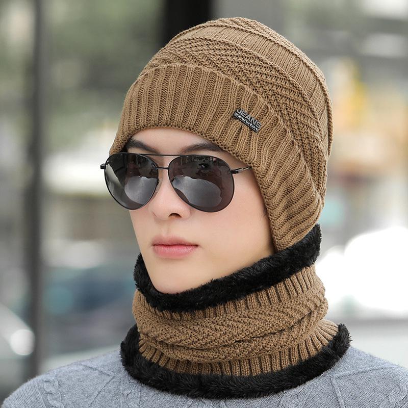 

Мужская вязаная шерстяная велосипедная шапка с бархатной подкладкой - ветрозащитная в корейском стиле, зимнее тепло One Size Stretch Set (Hat + Neck Warmer)