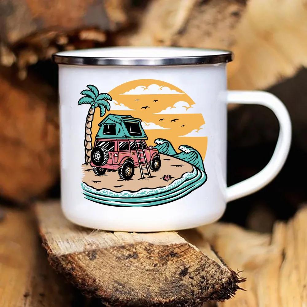 Touring Enamel Mug Caravan Printed Camper Mugs Camping Enamel Mug Adventure Campfire Party Beer Juice Cup Gifts for Camper