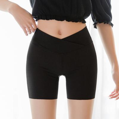 Women Safety Shorts Cross Waistband High Waist Ice Silk Seamless Yoga Leggings Solid Color Ultra-thin Bottoming Shorts