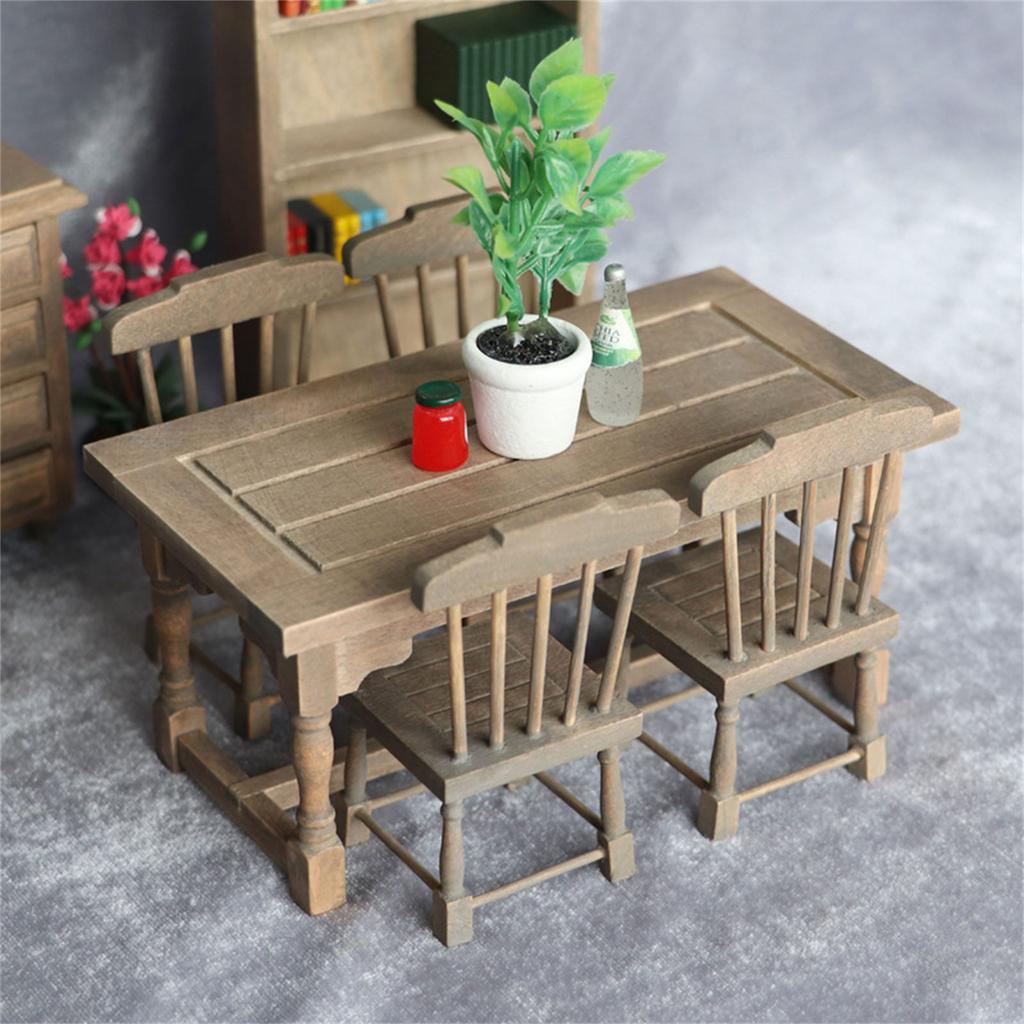 Miniature Dollhouse Dining Table and Chairs for 1/12 Scale Dollhouse Display Scene Decoration Kids Role Play Accessory