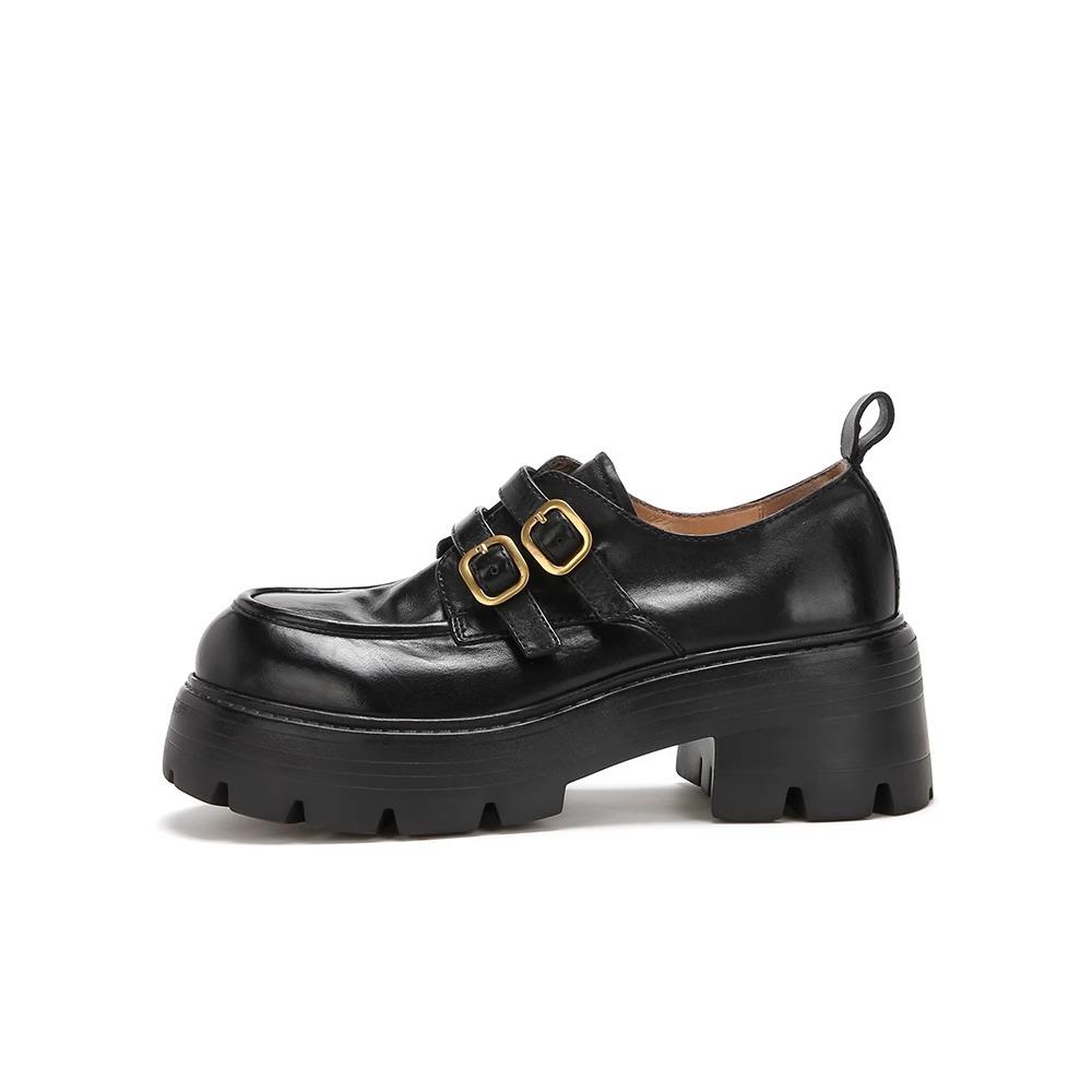 Washed Cowhide Version~ Height Increase 6cm Genuine Leather Small Gold Buckle Thick Heel Thick Sole Loafer Single Shoes Women's Leather Shoes