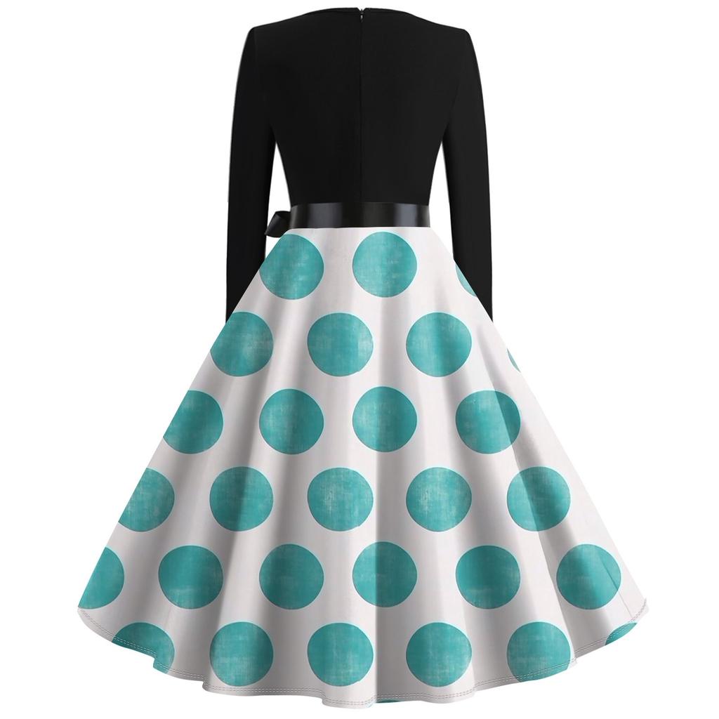 Women's Vintage Geometry Printed Long Sleeve Round Neck Plus Size Evening Prom Dresses