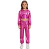 Mädchen Langarm-Hoodie mit asymmetrischem Saum, Metallic-Schnitt, Hip-Hop-Jazz-Set, Spaghettiträger-Top und glänzender Hose