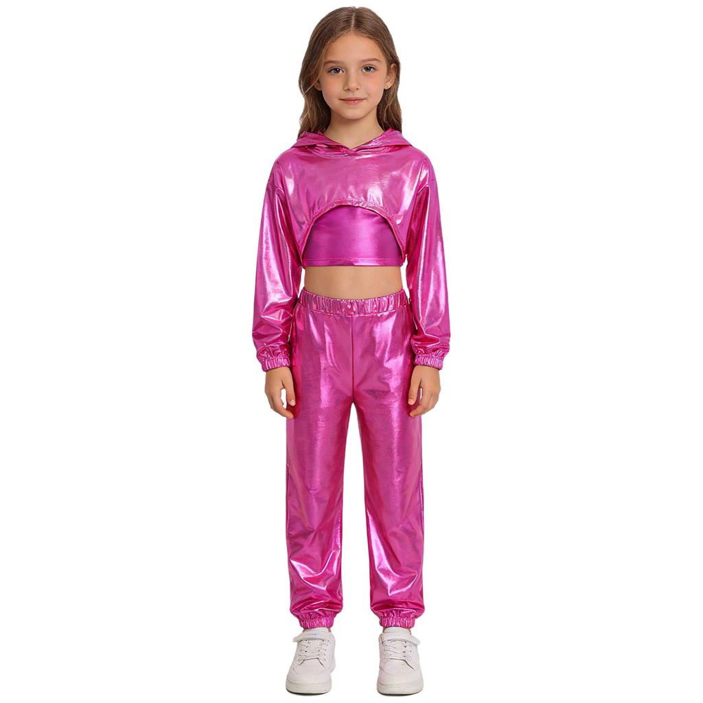 Mädchen Langarm-Hoodie mit asymmetrischem Saum, Metallic-Schnitt, Hip-Hop-Jazz-Set, Spaghettiträger-Top und glänzender Hose