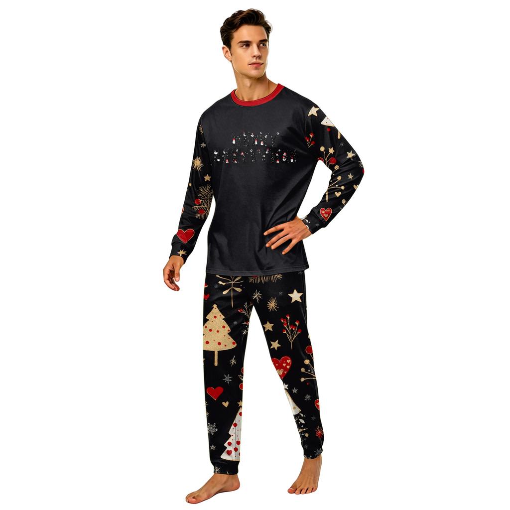 Family Matching Christmas Pajama Set, Long Sleeve Neck Print Top with Long Pants for Women Men Kids