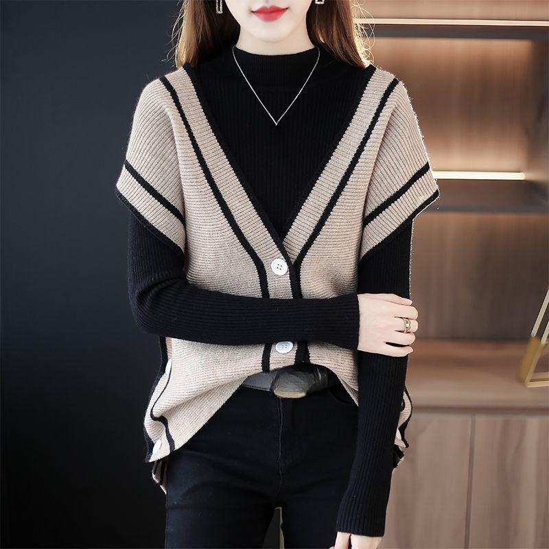 Vest Women's Autumn New V-neck Color blocked Sleeveless Sweater Coat Women's Loose Bat Sleeve Knitted Cardigan Shoulder
