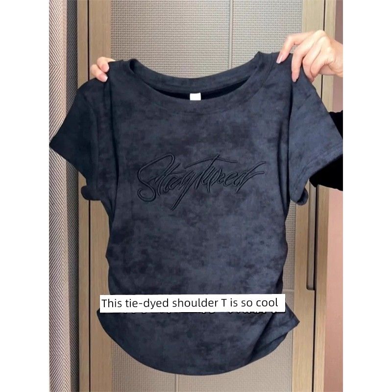 

150kg Plus Size Women s Clothing 2026 Summer New Pure Cotton Regular Shoulder 100kg Loose Tie-Dye Pleated Short-Sleeve T-Shirt Trendy Black L