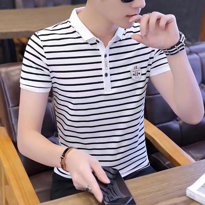 Men's Striped Ice Silk Polo Shirt - Casual Summer Short Sleeve