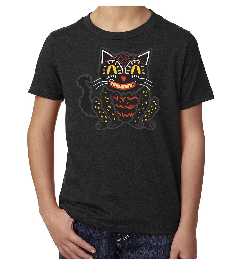 Vintage Creepy Halloween Cat T-Shirt, Funny Graphic Tees, Halloween Kid s Top! S