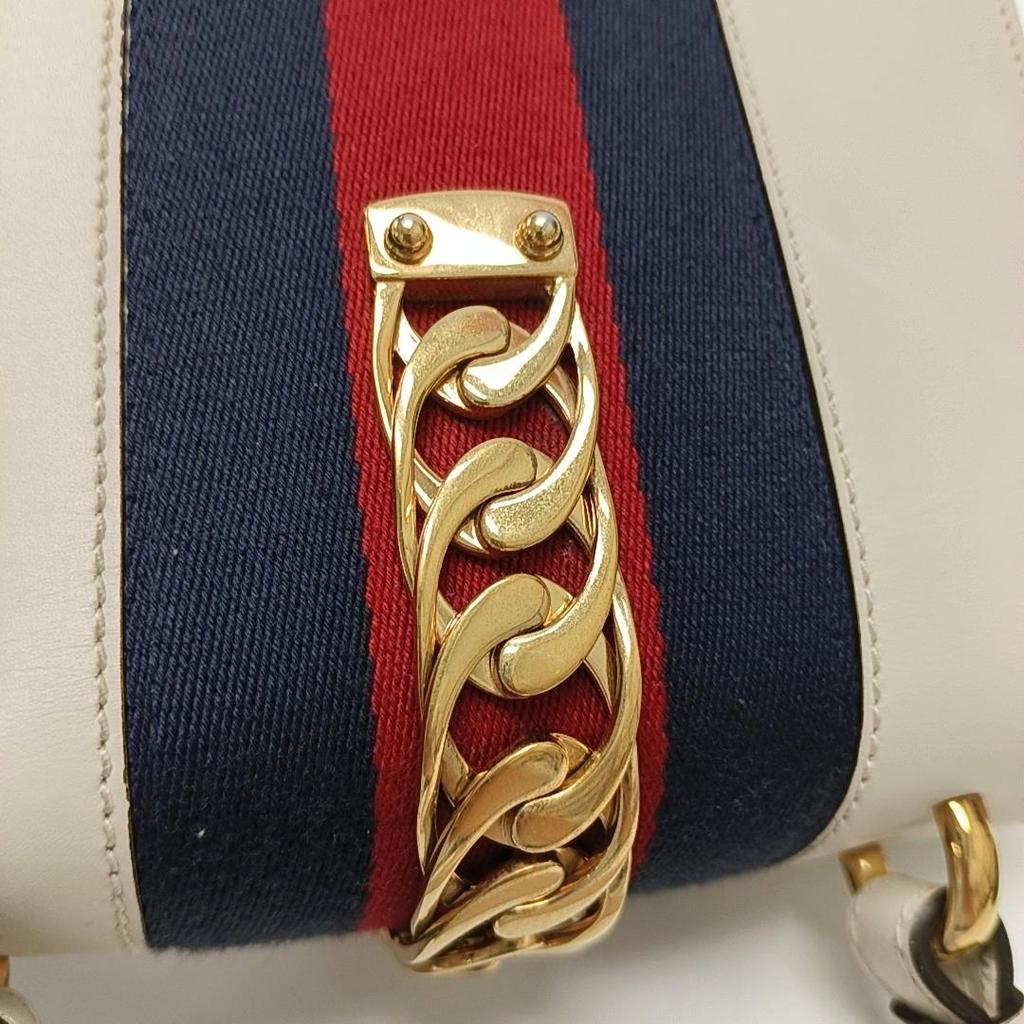 [Pre-Owned] Sylvie Gold Buckle Striped Web Leather Mini Tote Shoulder Crossbody Bag - Good #6RSGAV