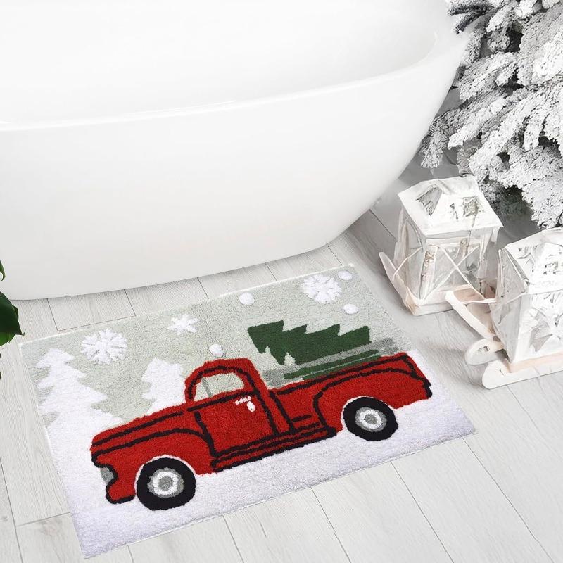 1pc Fluffy Christmas Deer Microfiber Bath Mat - Quick-Dry & Absorbent, Festive Holiday Design with Red Berries & Green Leaves