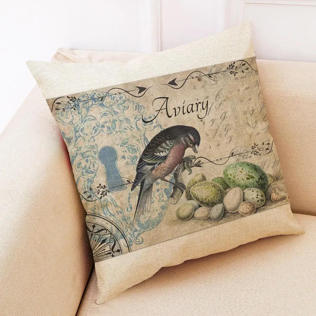 Retro Flower And Bird Design Linen Pillowcase Car Seat Cushion Cover Decorative Living Room Sofa 45*45Cm