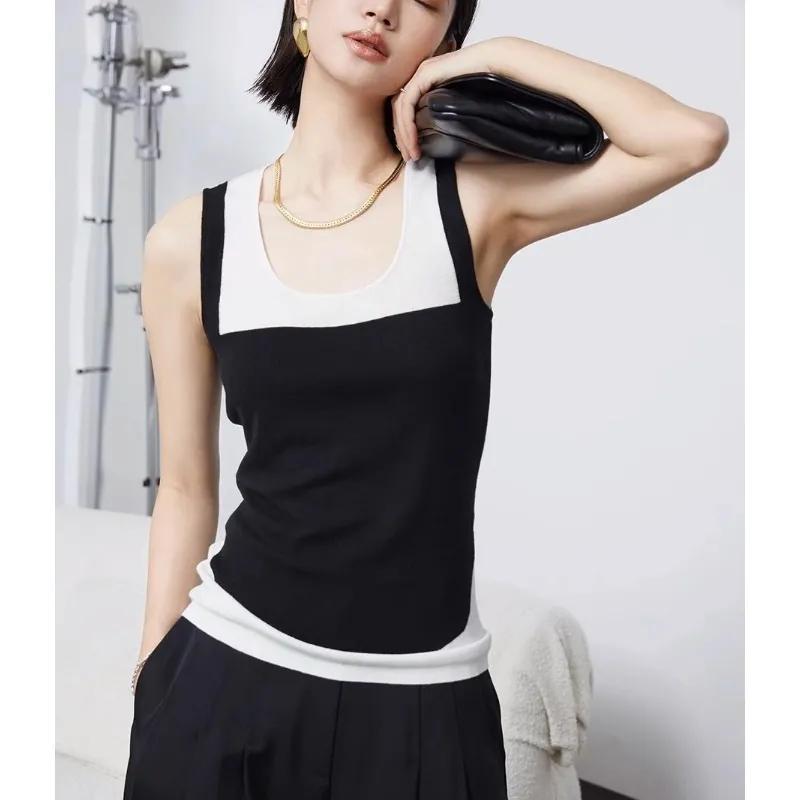 

Women s Black White Colorblock U-Neck Sleeveless Form Fitted Casual Knit Tank Top M чёрный