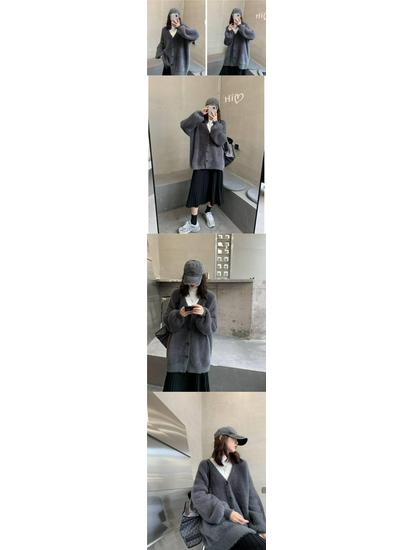 Dámský pletený kardigan z norkového rouna v korejském stylu - Volný, plyšový šálový svetr kabát