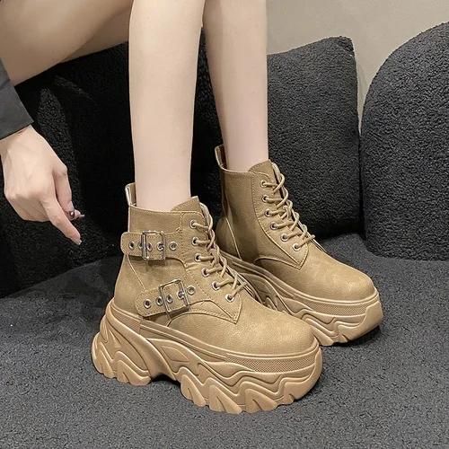 fashion Women's High Platform Motorcycles Boots Autumn Winter 8CM Heels Ankle Combat Boots New Chunky Leather Sneakers Buckle Punk Boots