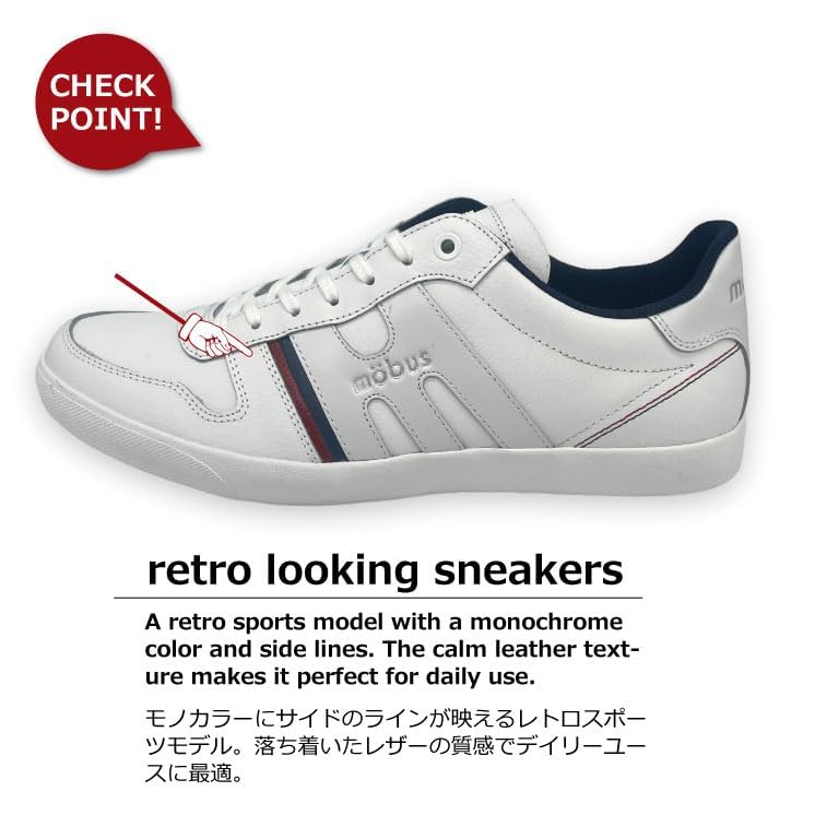 Mobus Men's Leather Sneakers, Genuine Leather, Sports, Casual, Walking Shoes, Current Model HESEL (White/Navy, Measurement 26 Points, 0 Centimeters)