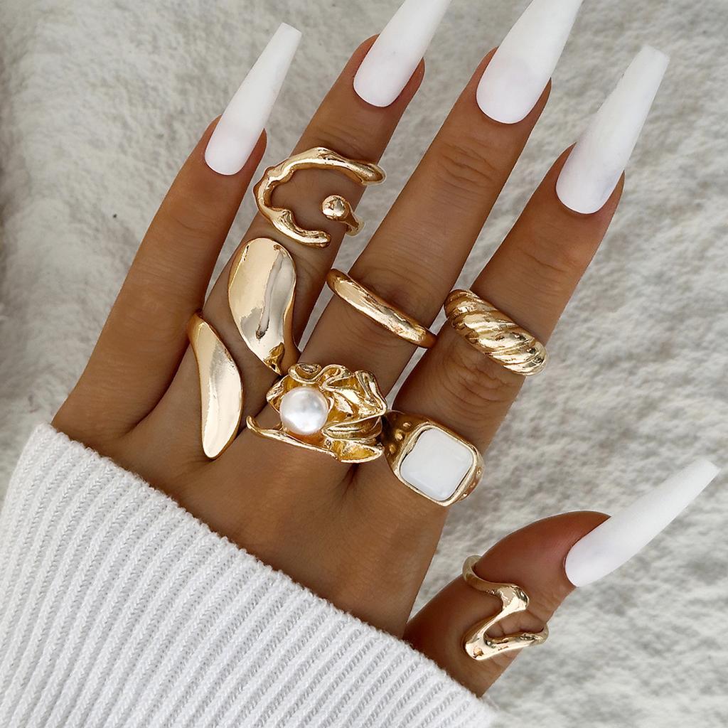 European and American Ethnic Style Carved Feather turquoise Ring Retro Personality Ring Set Combination Ring Set