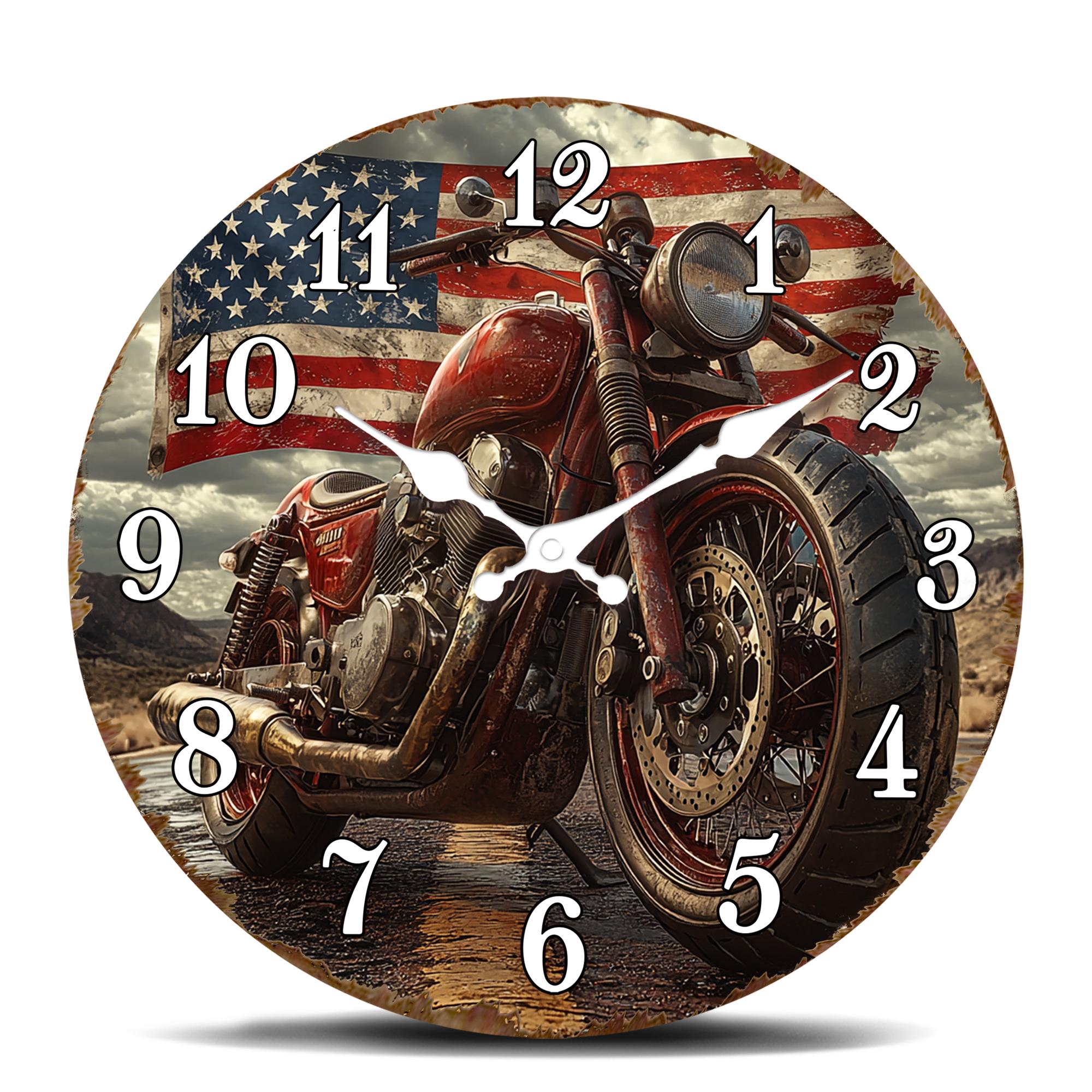 

Vintage American Flag Motorcycle Wall Clock, Retro Bike Design Round Timepiece, Rustic Garage Decorative Clock with Distressed M 10 inch