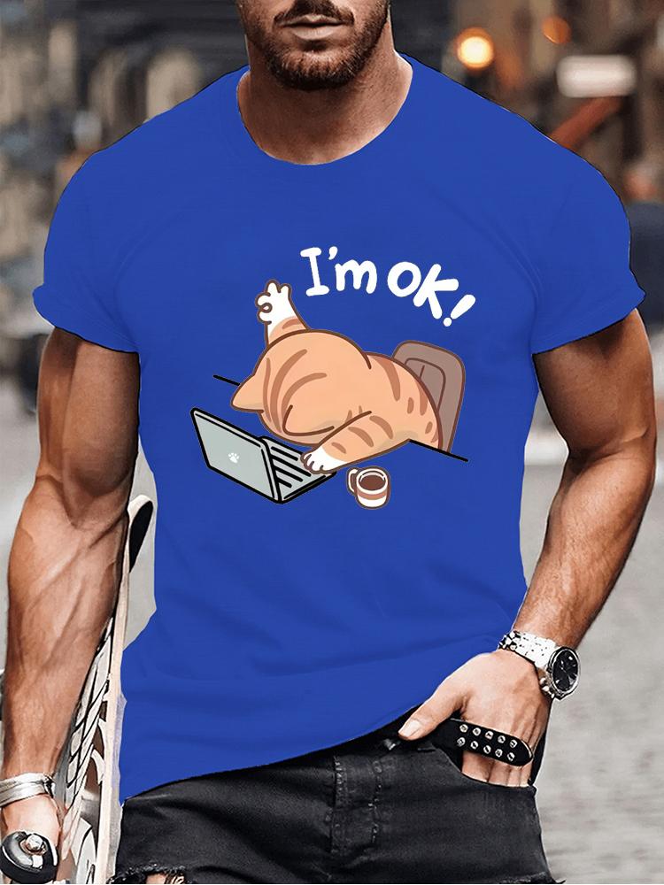 Cute "I'm OK" Cat Graphic T-Shirt for Men Women Casual Round Neck Short Sleeve Tee Fashion Stylish Lazy Cat Design T-shirts Tops