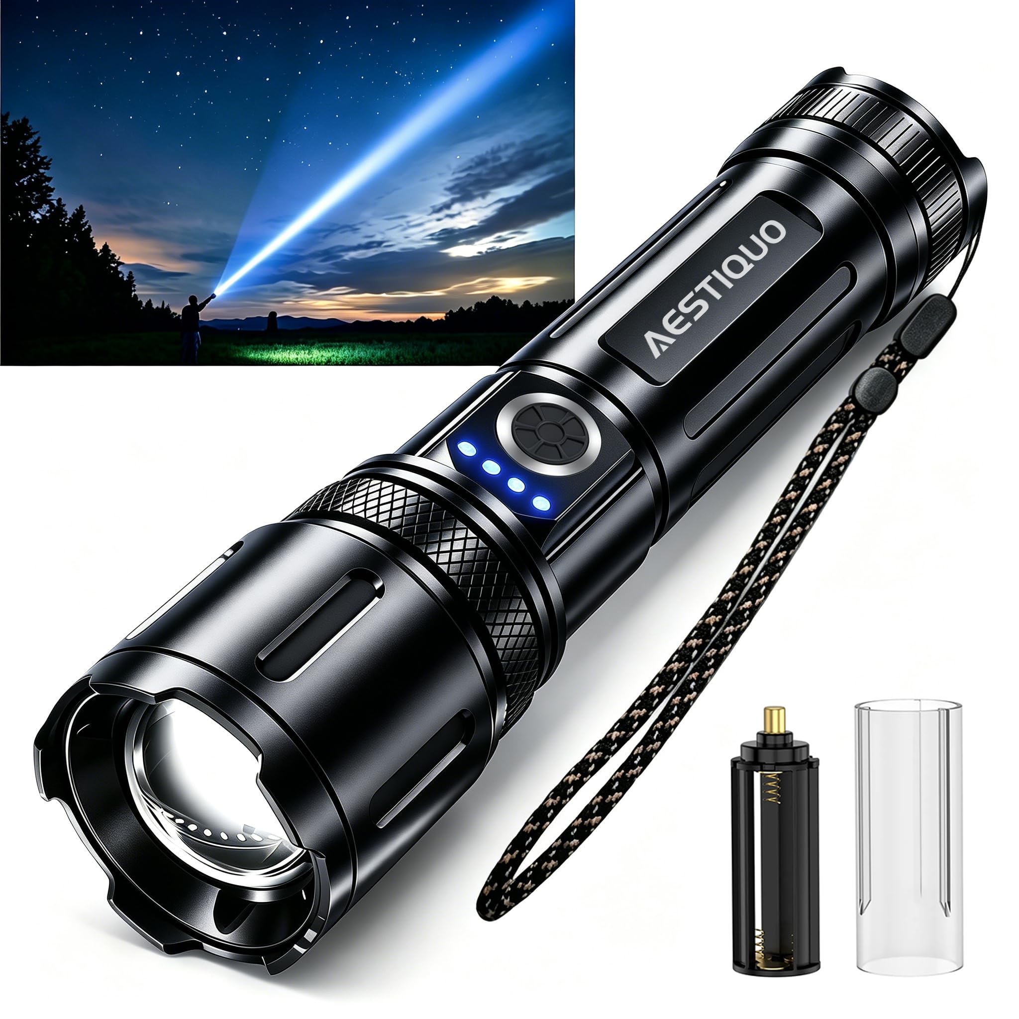 

High-powered, high-brightness 30,000 lumens flashlight, military-grade, strongest LED light, 5000mAh battery, Type-C rechargeable/battery operated, co