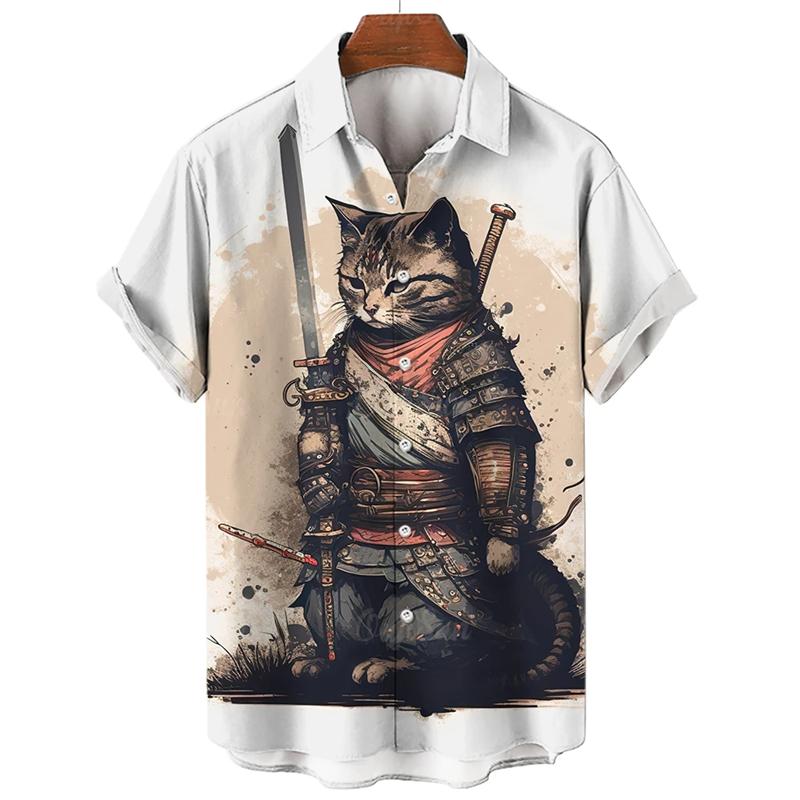 Vintage Cat Swordsman 3D Printed Shirts For Men Clothes Funny Animal Graphic Blouses Casual Mens Lapel Blouse Summer Button Tops