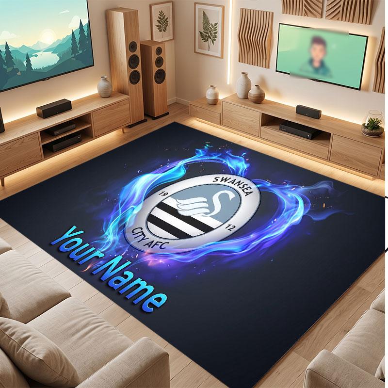 Swansea City FC Custom Crystal Velvet Rug, Personalized Name Text Print, Football Logo Soft Non‑Slip Floor Mat Home Decor Gift