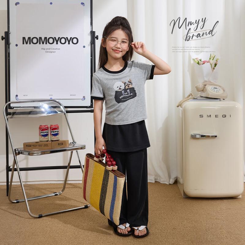 Girls' Color-Block Round Neck Dog Print Short Sleeve T-Shirt
