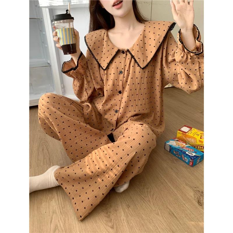 New Seasonal Nightwear for Women: Cardigan-Style Checked Pinafore-Neck Long-Sleeved Pyjamas with Trousers – Homewear Set