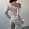2026 Spring New Asymmetrical Shoulder Polka Dot Sweet Long Sleeve T-Shirt Women's Casual Top