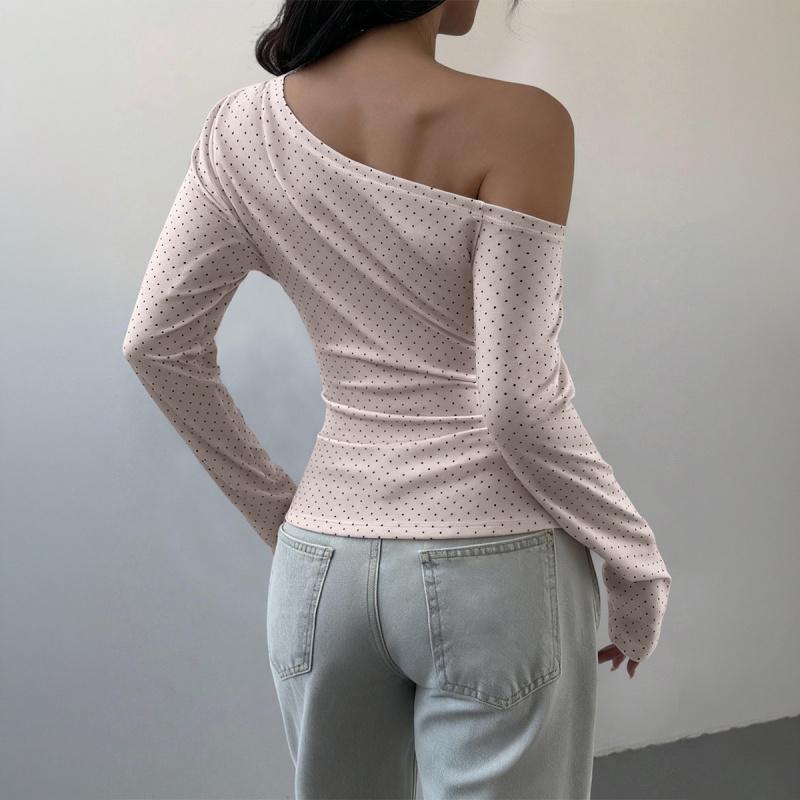 2026 Spring New Asymmetrical Shoulder Polka Dot Sweet Long Sleeve T-Shirt Women's Casual Top