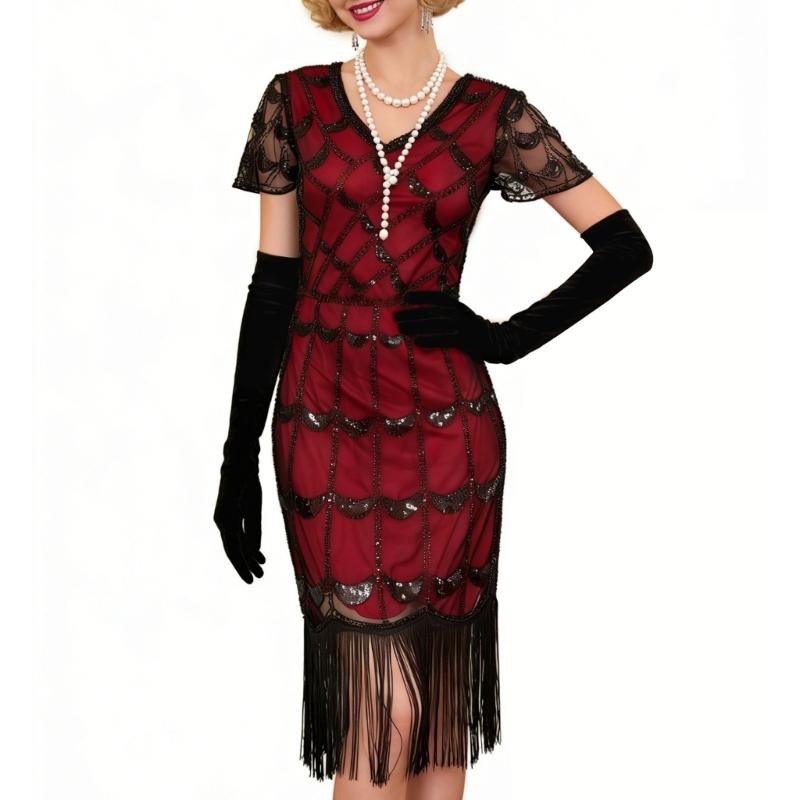 Flapper Dresses 1920s V Neck Sequins Fringed Dress Great Gatsby Dress for Womens Cocktail Dresses