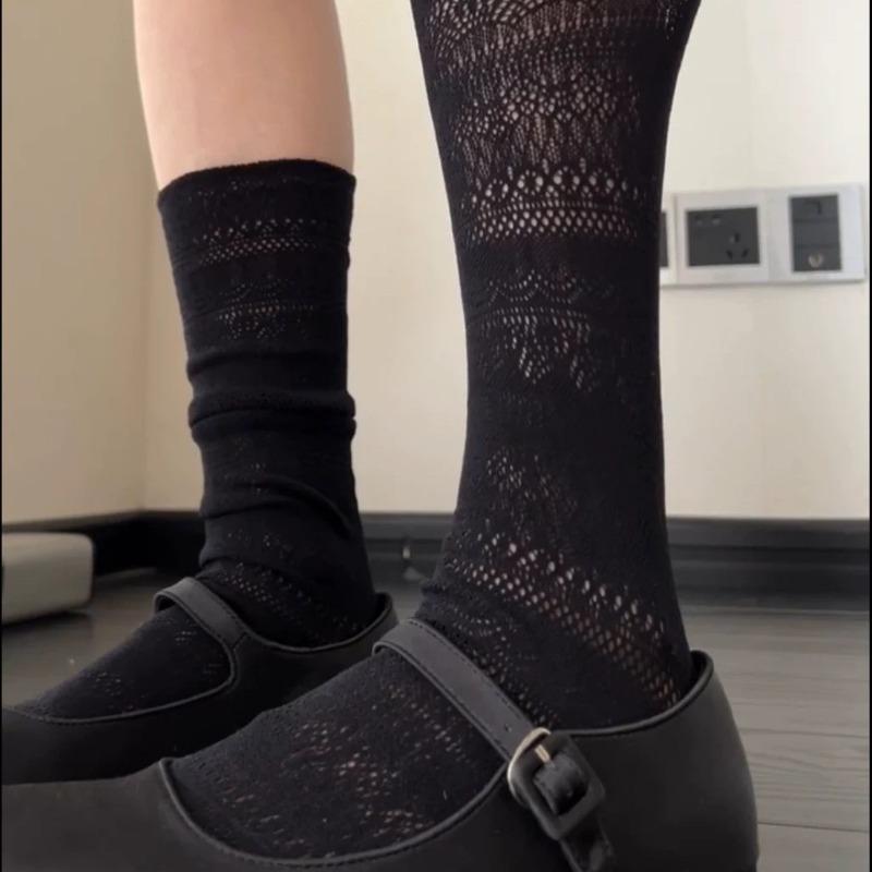 

Носки-гольфы в балетном стиле черного, белого и серого цвета с ажурным узором, кружевные носки для похудения икр, повседневные носки до середины икры в ретро-стиле 1 pair чёрный