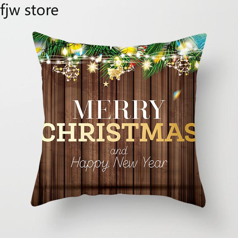 Merry Christmas and Happy New Year Decorative Pillowcase Wood Printing Throw Pillow Cover Sofa Chair Cushion  Home Decor