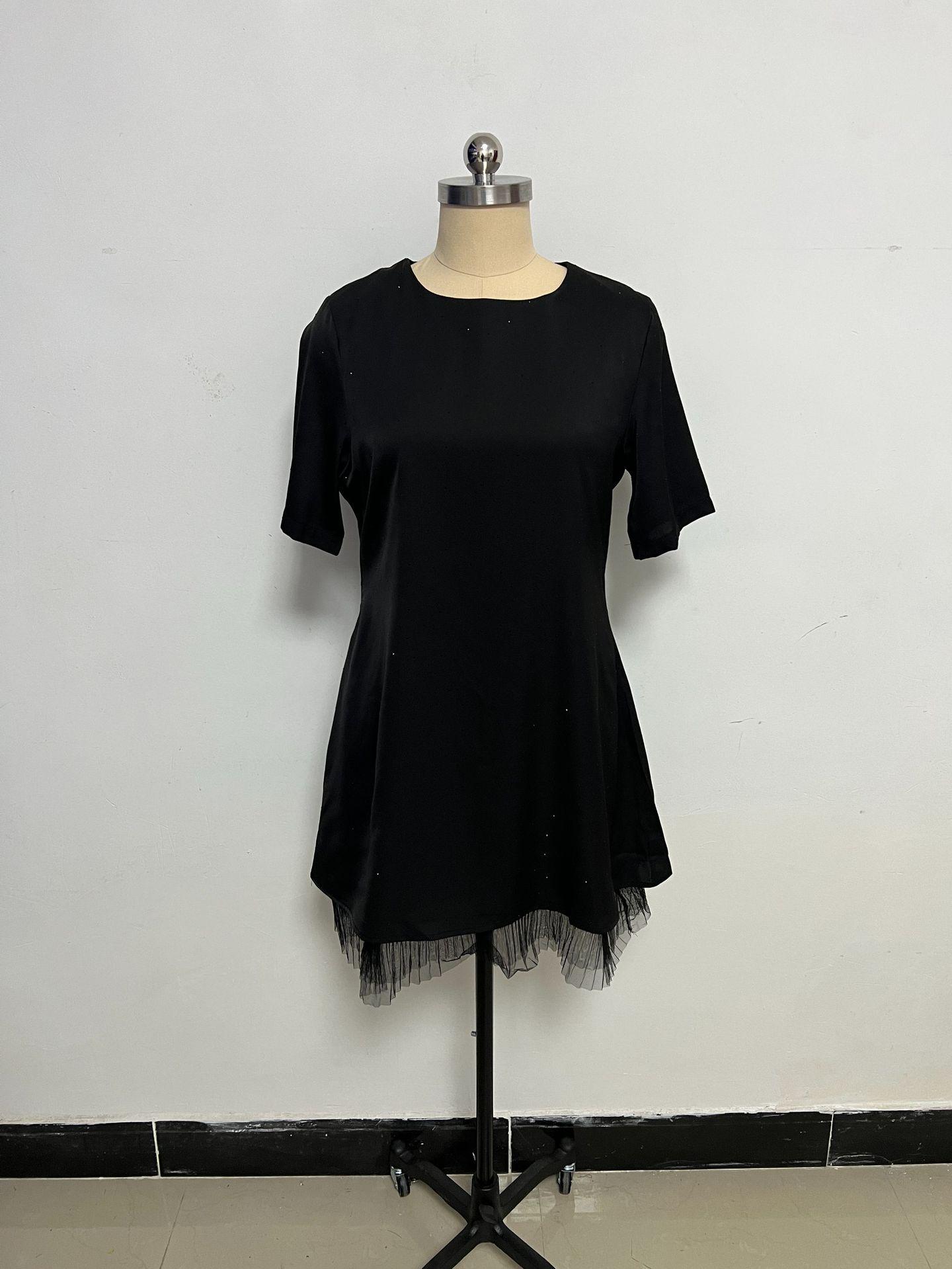 2025 Women’s Round Neck Short Sleeve Lace Dress with Rhinestone Accents XXL чёрный