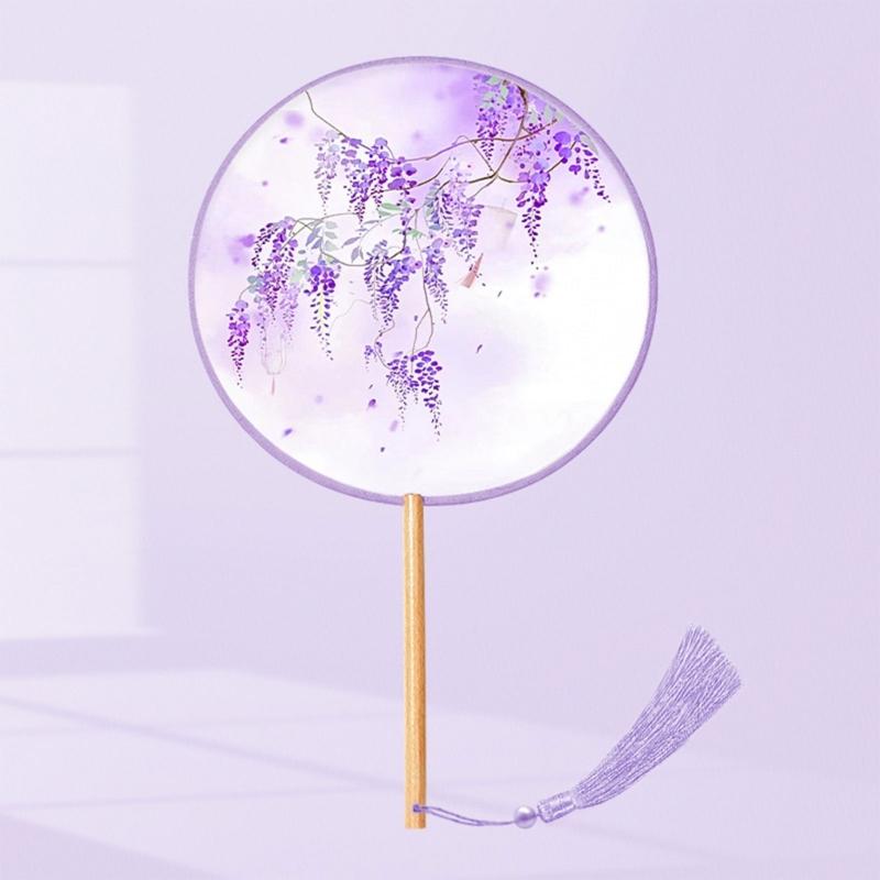 Chinese Fan with Pendant Handhelds Inks Painting Fan Tassels Round Silk Fan