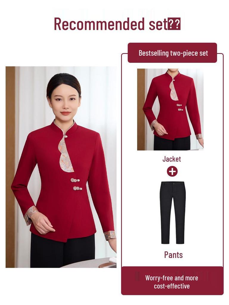 Chinese Restaurant Waiter Uniform - Long Sleeve for Autumn/Winter, Ideal for Hotel and Hot Pot Restaurants Front Desk Staff.