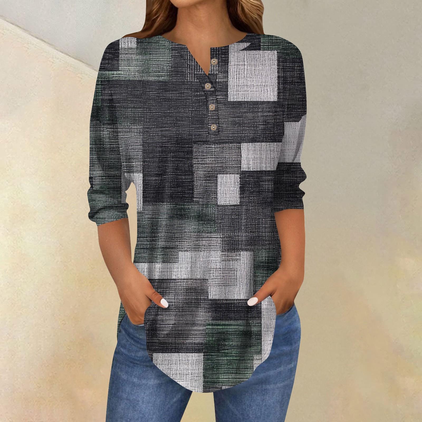 

Женская свободная футболка с воротником на пуговицах и винтажным цветочным принтом, рукав три четверти XL тёмно-синий