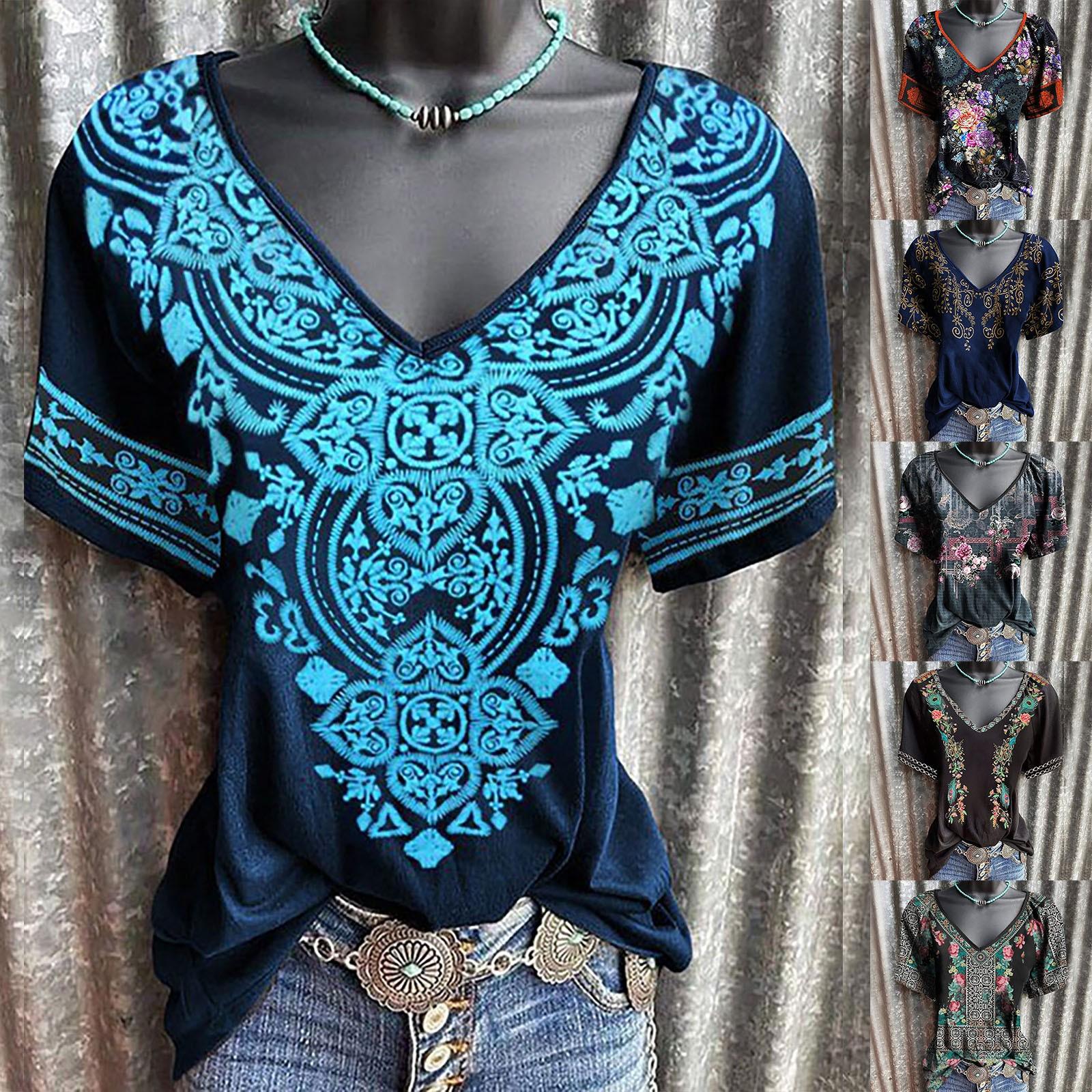 

Женская повседневная сексуальная свободная футболка в стиле бохо с принтом и v-образным вырезом, повседневная футболка с коротким рукавом