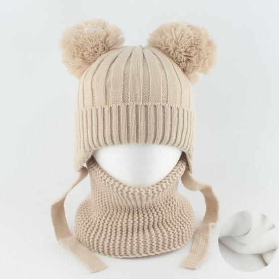 2Pcs/Set Children Winter Hat Scarf Set Plush Ball Decor Solid Color Plush Lining Knitting Hat Warm Neckerchief Set