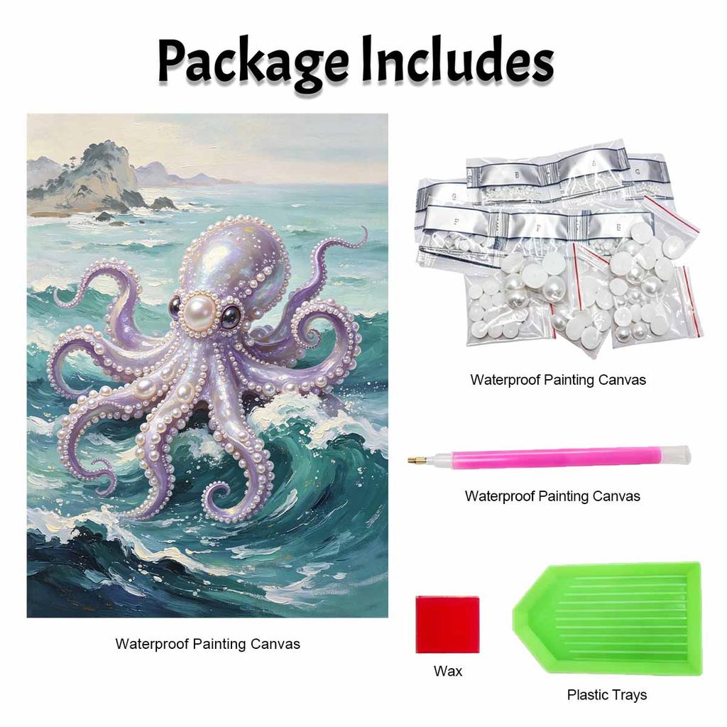 DIY Framed Pearl Painting Kit Ocean Octopus Pattern Sparkling Bead Canvas Art for Living Room Decoration Wall Decor Handcraft Home Display