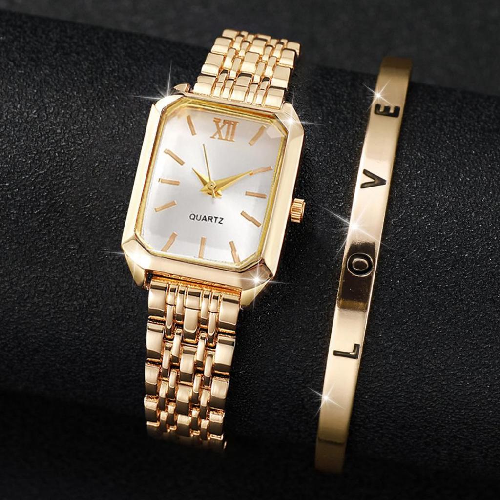 Women's Quartz Wristwatches Rectangle Ladies Fashion Golden Clock Top Luxury Gifts Bracelet Watches for Wife, Family, Friend