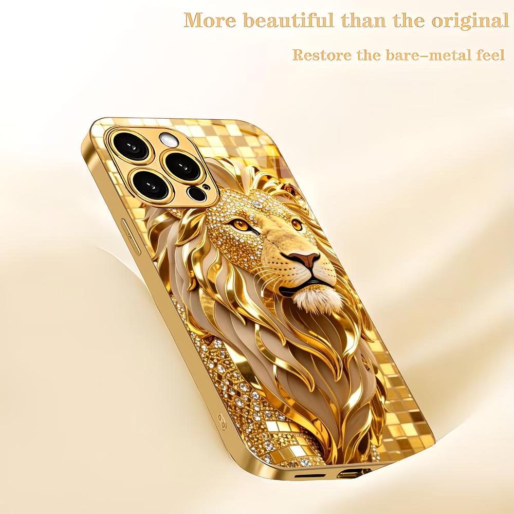 Majestic Golden Lion Metallic Glass Phone Case Suitable for iPhone 17 16 15 14 13 12 11 Pro Max Plus Anti Shock Back Cover
