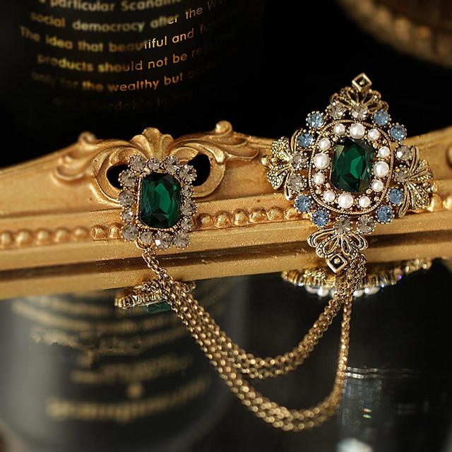 Baroque Women Elegant Retro Emerald Rhinestone Brooches Pins Cross Chains Pearl Badges Suit Jewelry Gathering Party Event Bridal Party Event Wedding