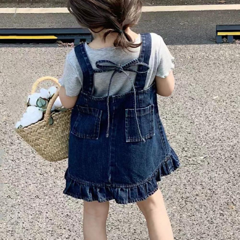 Traje de niña Color sólido Camiseta de manga corta Vestido de mezclilla