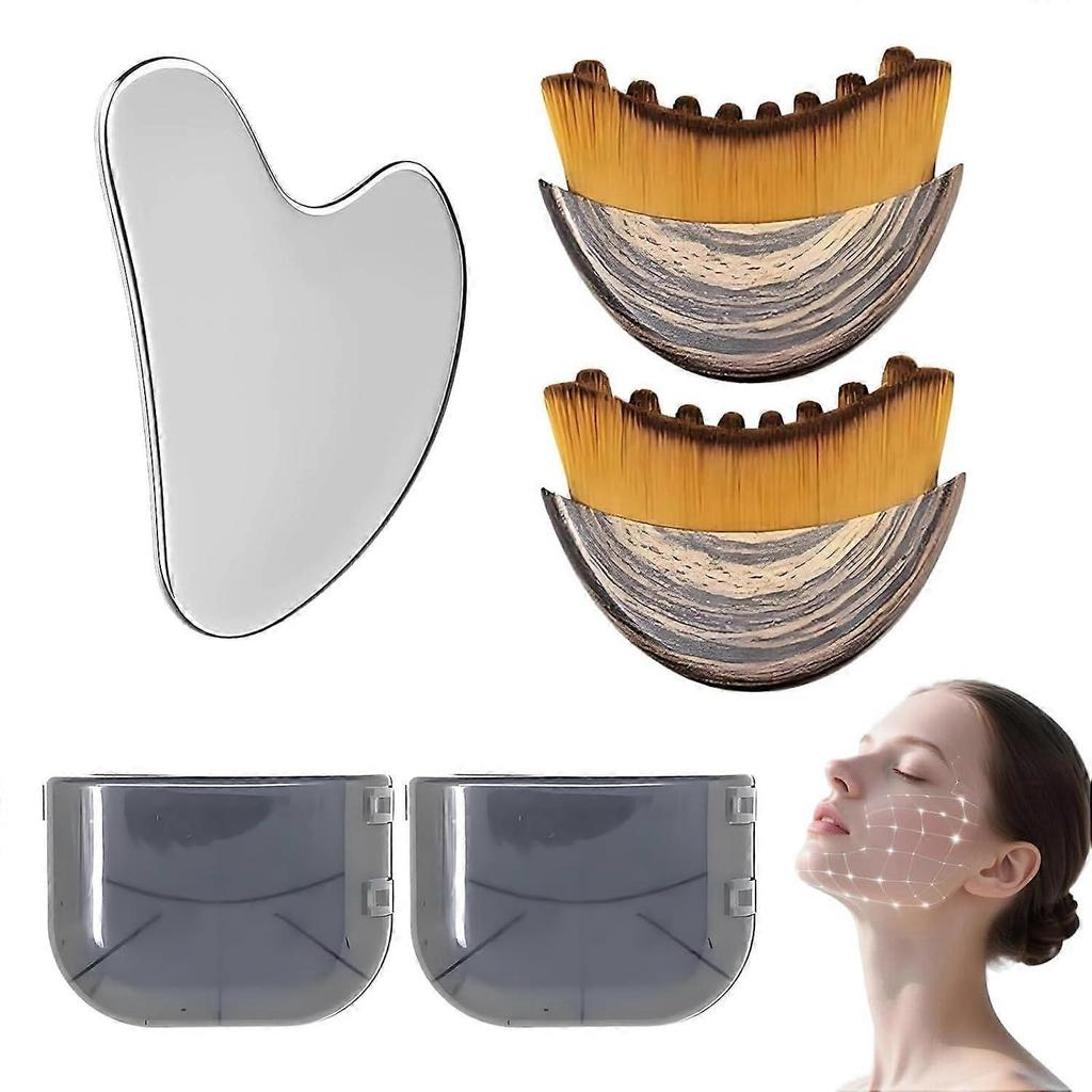 2 Stück Lymphatischer Kontur-Gesichtspinsel, Gesicht für Lymphdrainage, Drainagebürste mit 1 Stück Edelstahl Gua Sha Werkzeug zur Kieferkonturierung Schwellung L