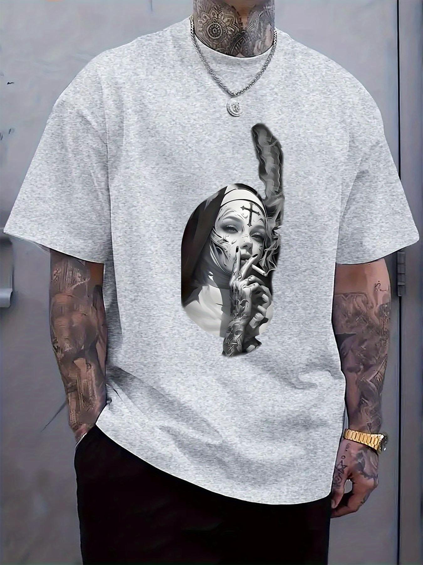 Black T-shirt with Smoking Nun Print - Casual Crew Neck XXXXL